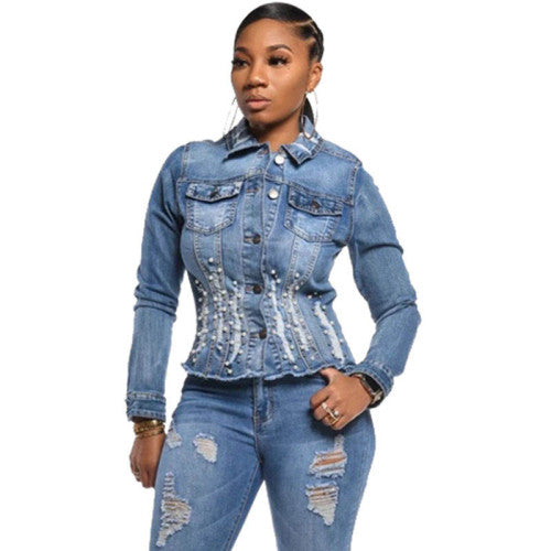 Blue Beaded Short Curvy Denim Jacket