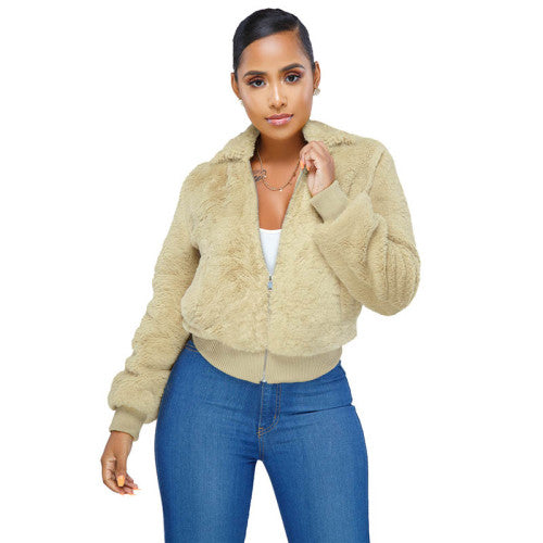 SOLID COLOR ZIP DOUBLE-SIDED FLEECE COAT