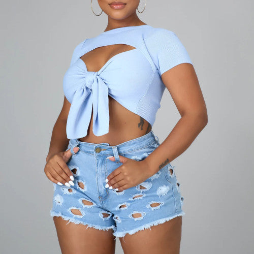 High Quality Solid Color Ripped High Waist Elastic Women's Denim Pants
