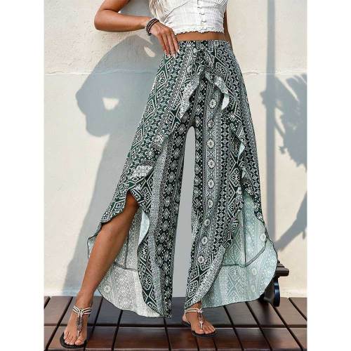 Casual Printed Ruffled Slits Wide-leg Trousers