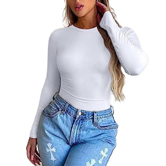 Solid Color Women Blouse Casual Round Neck Long Sleeve Tee