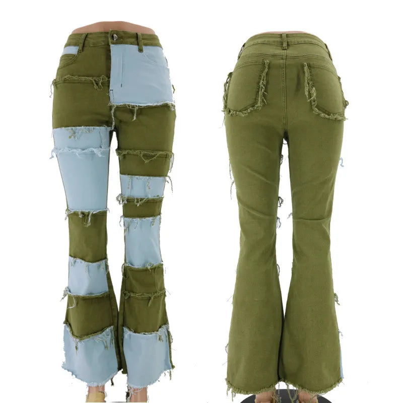 Fashion Patchwork High Waist Tight Hip Horn Women's Denim Trousers