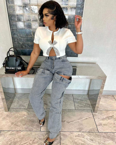 Casual Stretch Denim Hollow Jeans