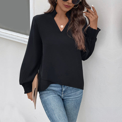 Solid Color Woven V-neck Women's Shirt for Office Work Daily Life