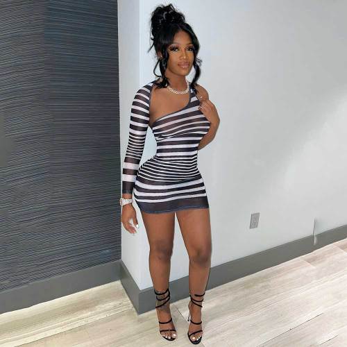 Fashion Women's Striped Mesh Sexy Through Mini Bodycon Dress