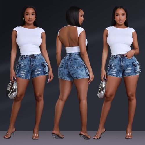 High Elastic Jeans Washed Burned Ripped Denim Shorts