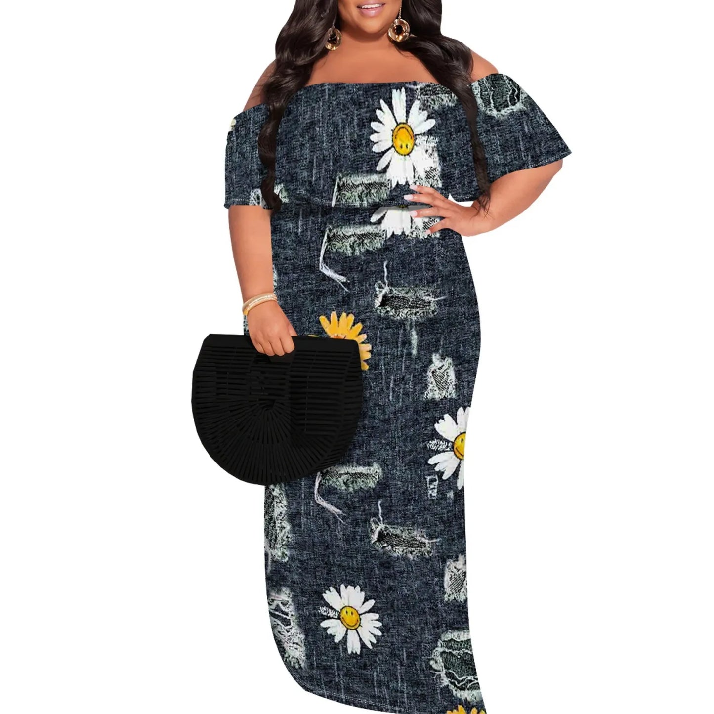 Casual Print Off Shoulder Plus Size Maxi Dress