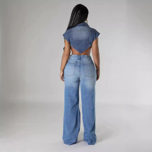 Fashion High Waist Ripped Wide Leg Jeans