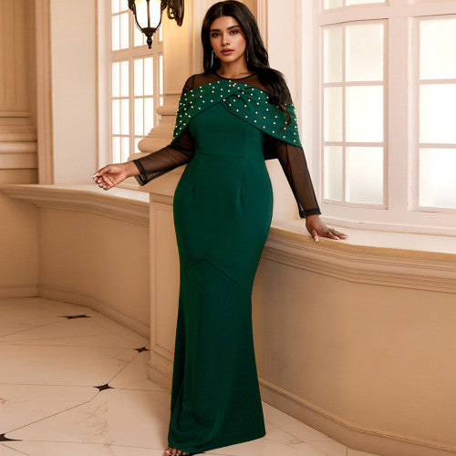 Sexy Formal Patchwork See-Through Beading O Neck Long Dress