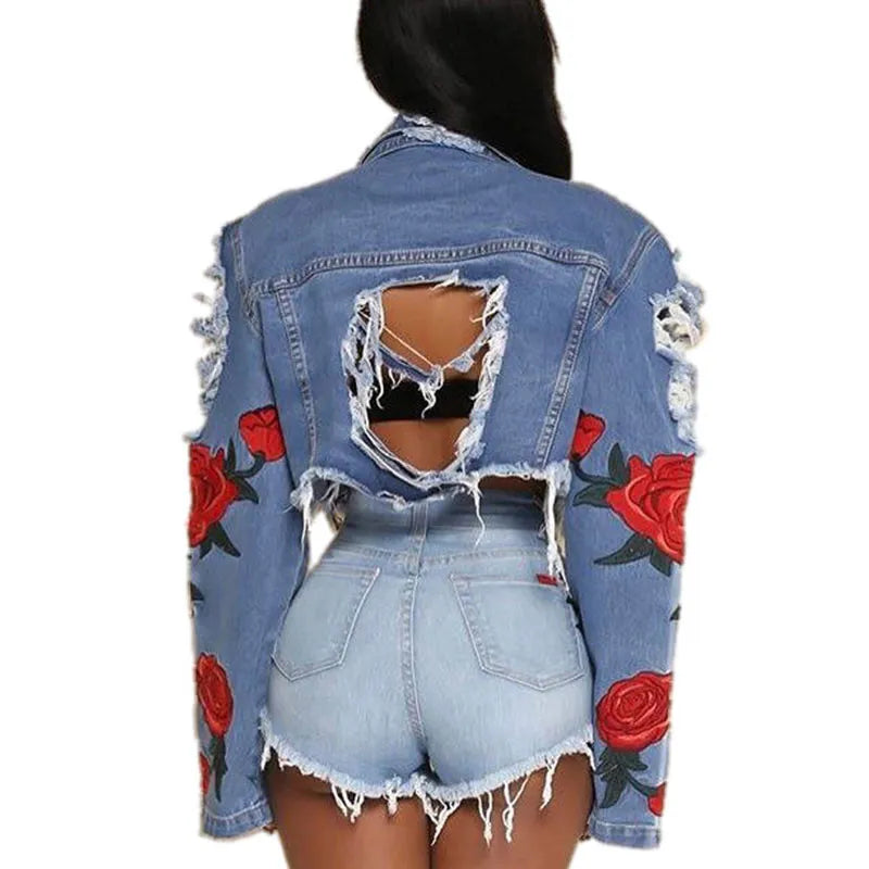EMBROIDERED HOLES DENIM CARDIGAN TOP