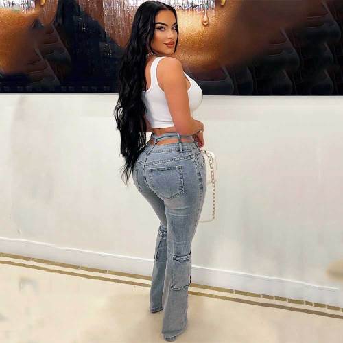 Fashion Elastic Jeans Multi-pocket Double Waistband Denim Trousers