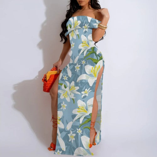 Casual Printed Off Shoulder Slit Long Dresses