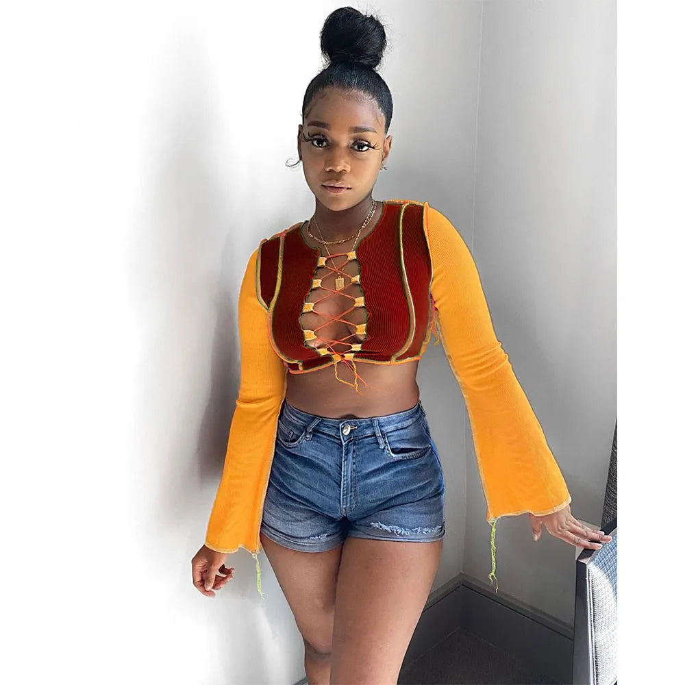 Sexy Contrast Color Stitching Pit Lace-up Crop Top