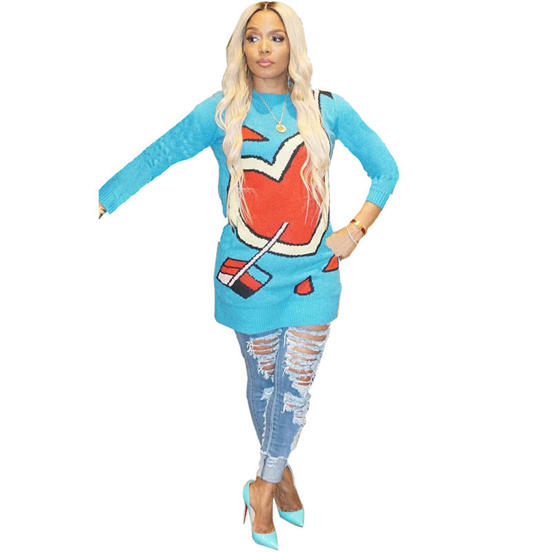 KNITTED HEART PRINT LONG SLEEVE SWEATER