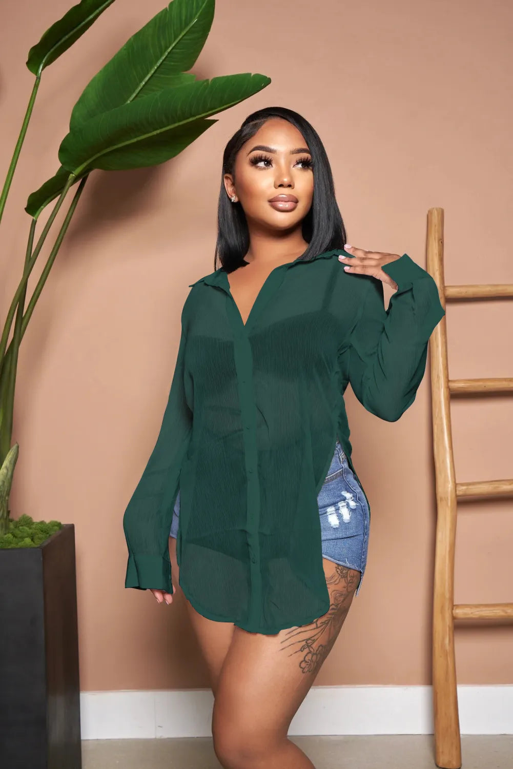 Solid Color Sexy See Through Single-breasted Lapel Slits Chiffon Shirt