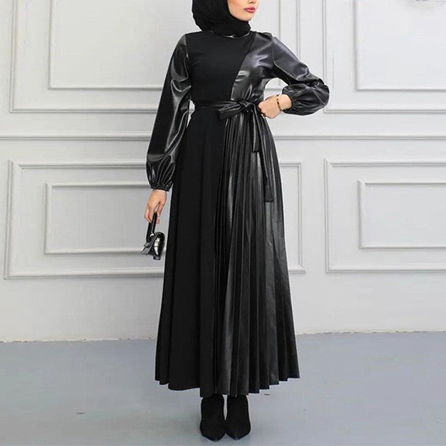 Muslim Solid Color Pleated Long Patchwork Fashionable Elegant Women's Dress