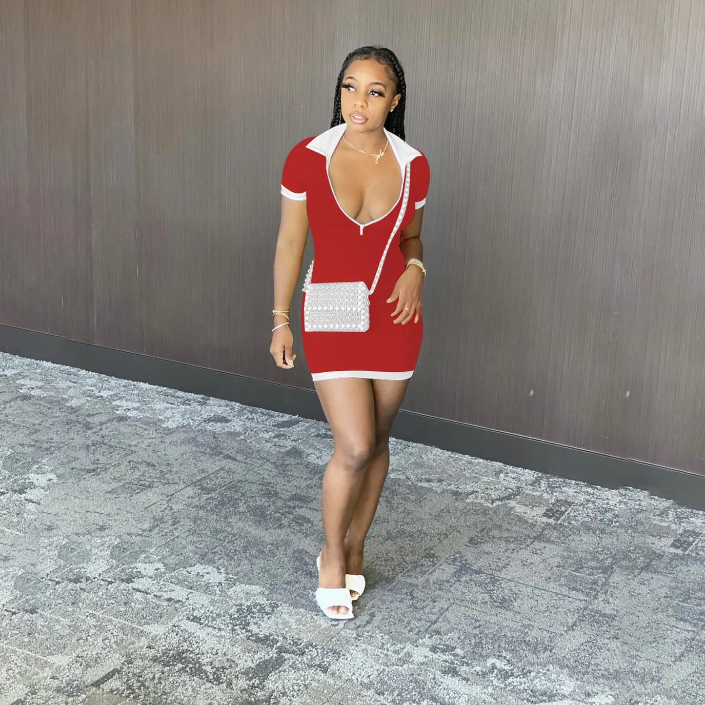 2024 Lapel Patchwork Zipper Pit Short Sleeve Mini Bodycon Dress