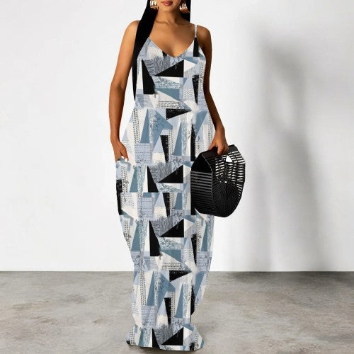 Casual Print Straps V Neck Maxi Dresses