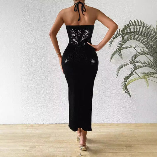 Sexy Halter Backless Slit Sequin Long Dress