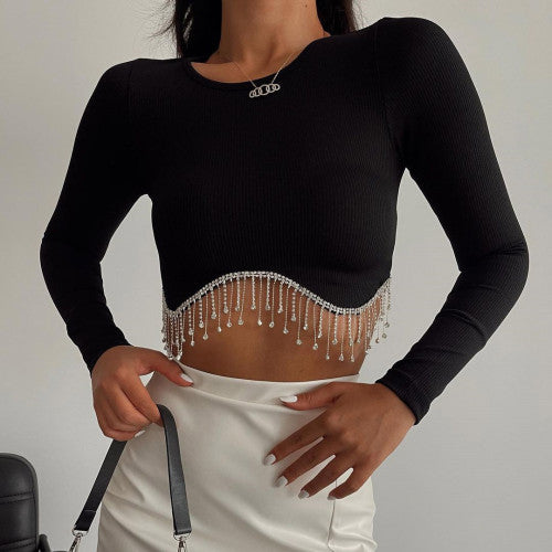 Round Neck Sexy Diamond Tassel Crop Top T-shirt