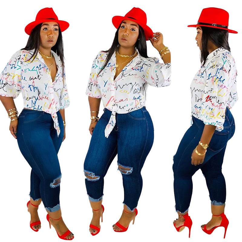 Graffiti Print Irregular White Shirts
