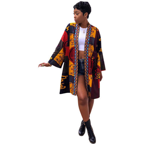 Casual Totem Print Cardigan Trench Coat