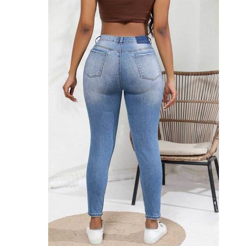 Women's Autumn Elastic High Waist Washed Ripped Tight Denim Pants