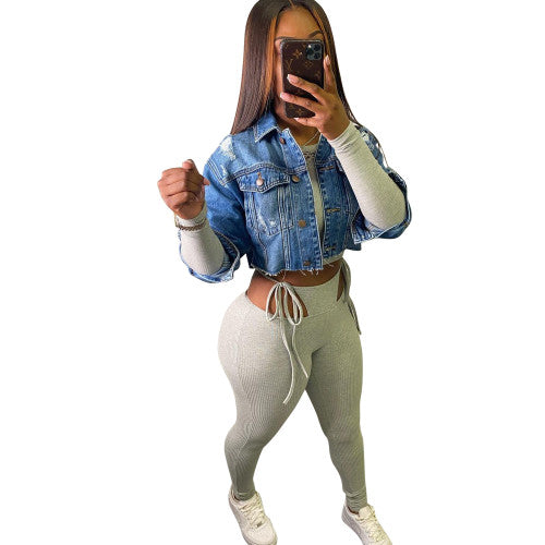 Sexy Washed Denim Jacket Crop Tops