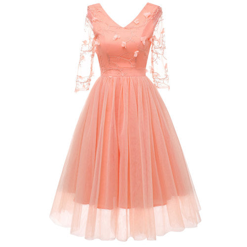 Women's V Neck Lace Sleeve Vintage Floral Dress