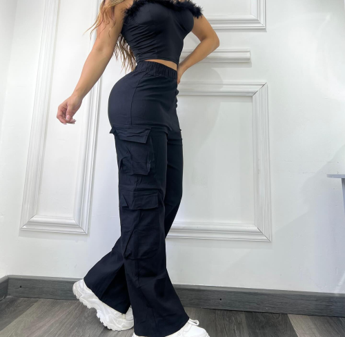 Solid Pocket Loose High Waist Straight Patchwork Bottoms