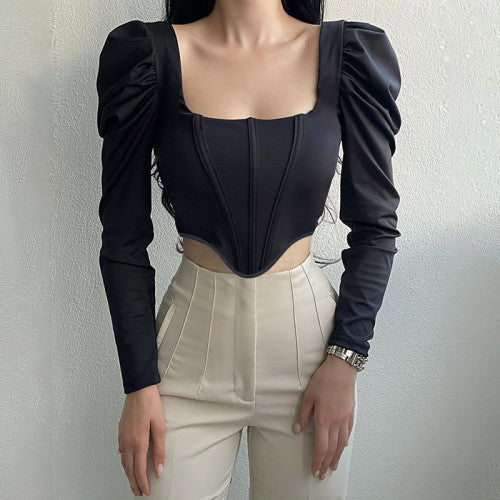 Retro Square Neck Puff Long Sleeve Herringbone Corset Crop Top