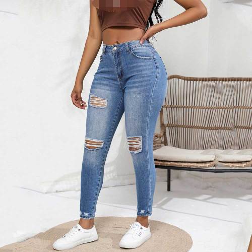 Women's Autumn Elastic High Waist Washed Ripped Tight Denim Pants