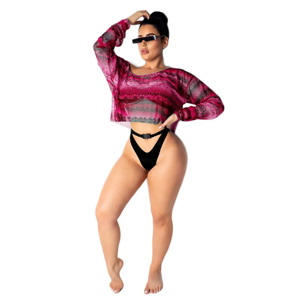 Blue Sexy Lantern Sleeve Snake Print Long Sleeve Beach Net Yarn Blouse (without bikini set)