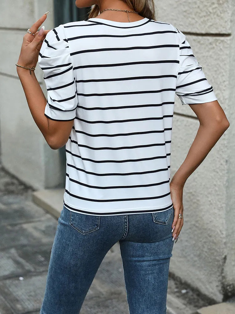 WOMEN'S PUFF SLEEVE STRIPED DESIGN CASUAL T-SHIRT