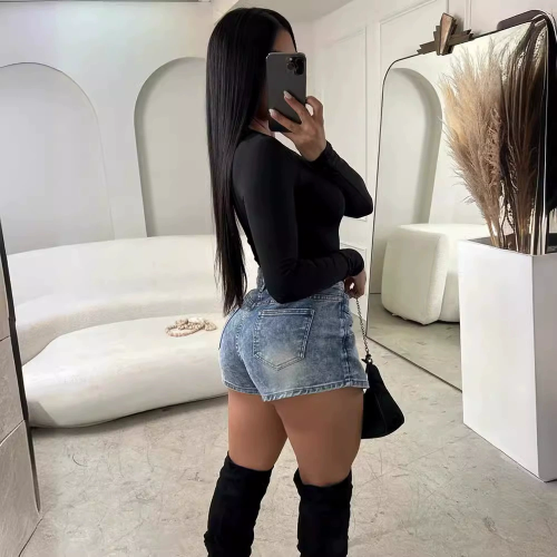 Solid Color Irregular Denim Skirt