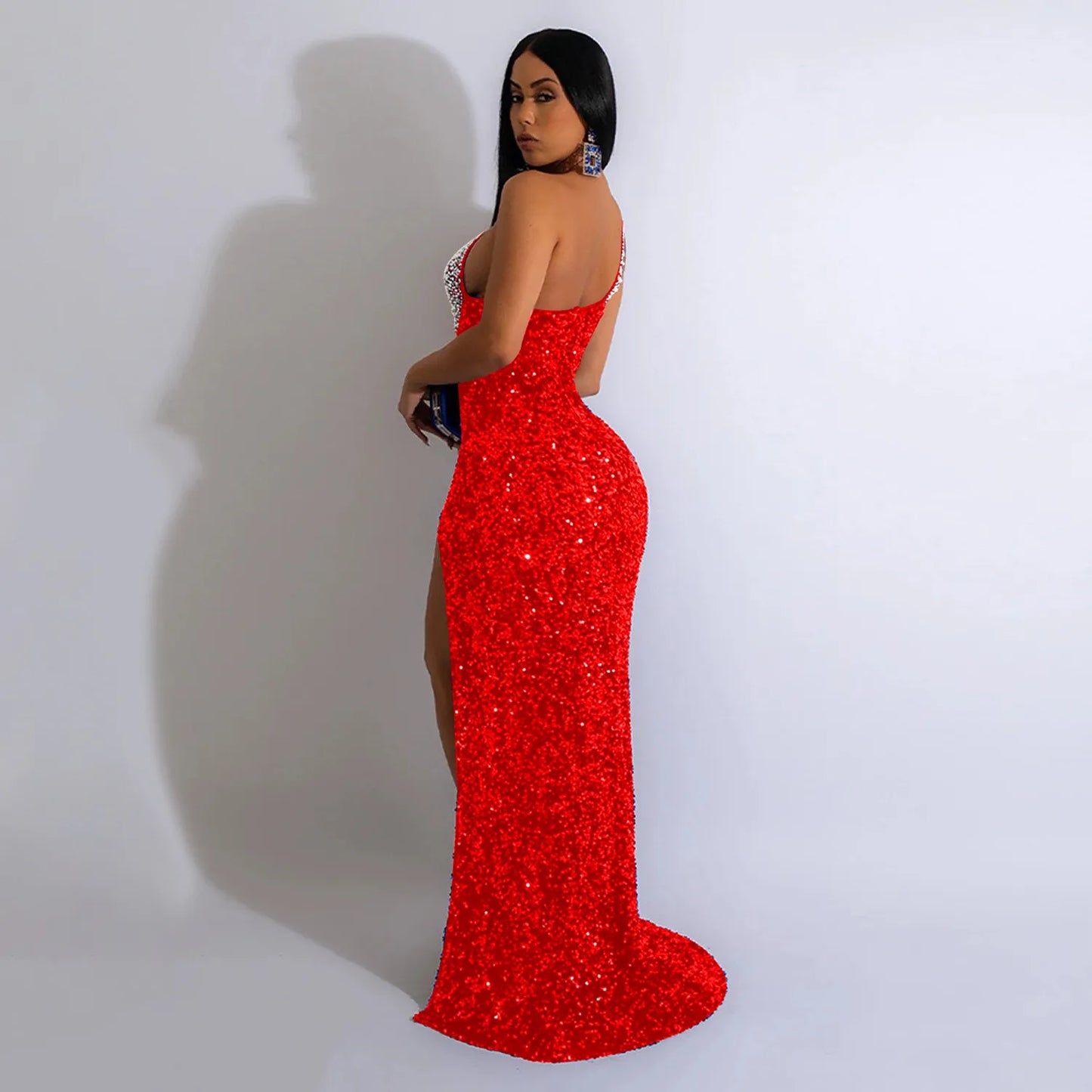 Fashion Solid Color Beaded Sequin Sleeveless Maxi Dress