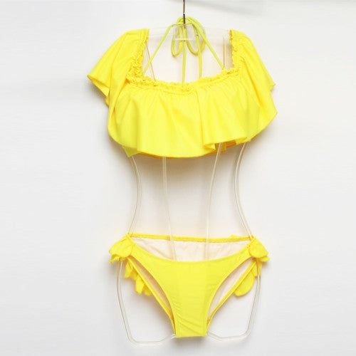 SOLID OFF SHOULDER RUFFLED BIKINI PUSH-UP UNDERWIRE SWIMSUIT