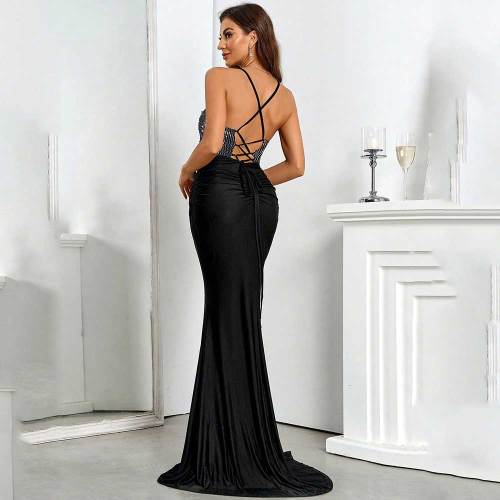 Hot Drilling Tie-Strap Hollow Pleated Fishtail Women Prom Evening Dresses