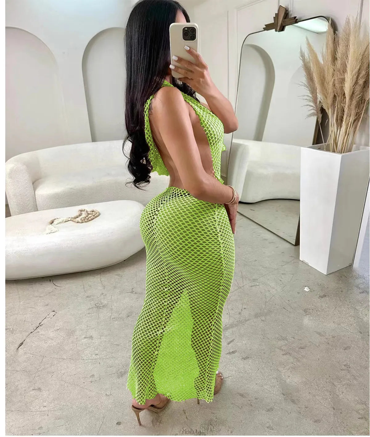 Sexy Mesh Halter Backless Cross-border Hollow Long Dresses