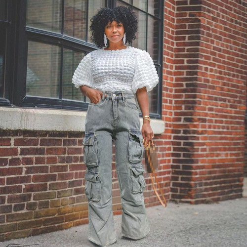 Washed Cargo Pants Straight Jeans with Pocket