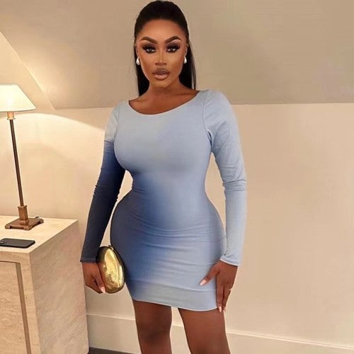 Sexy Round Neck Gradient Print Long Sleeve Slim Bodycon Women Dress