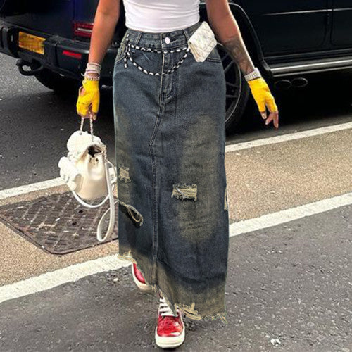 Distressed Denim Straight-leg Loose Denim Skirt with Pockets
