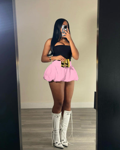 Solid Color Elastic Bubble Mini Pleated Skirt