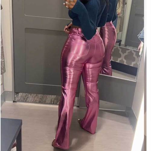 Casual Metallic Trumpet Leather Long Pants