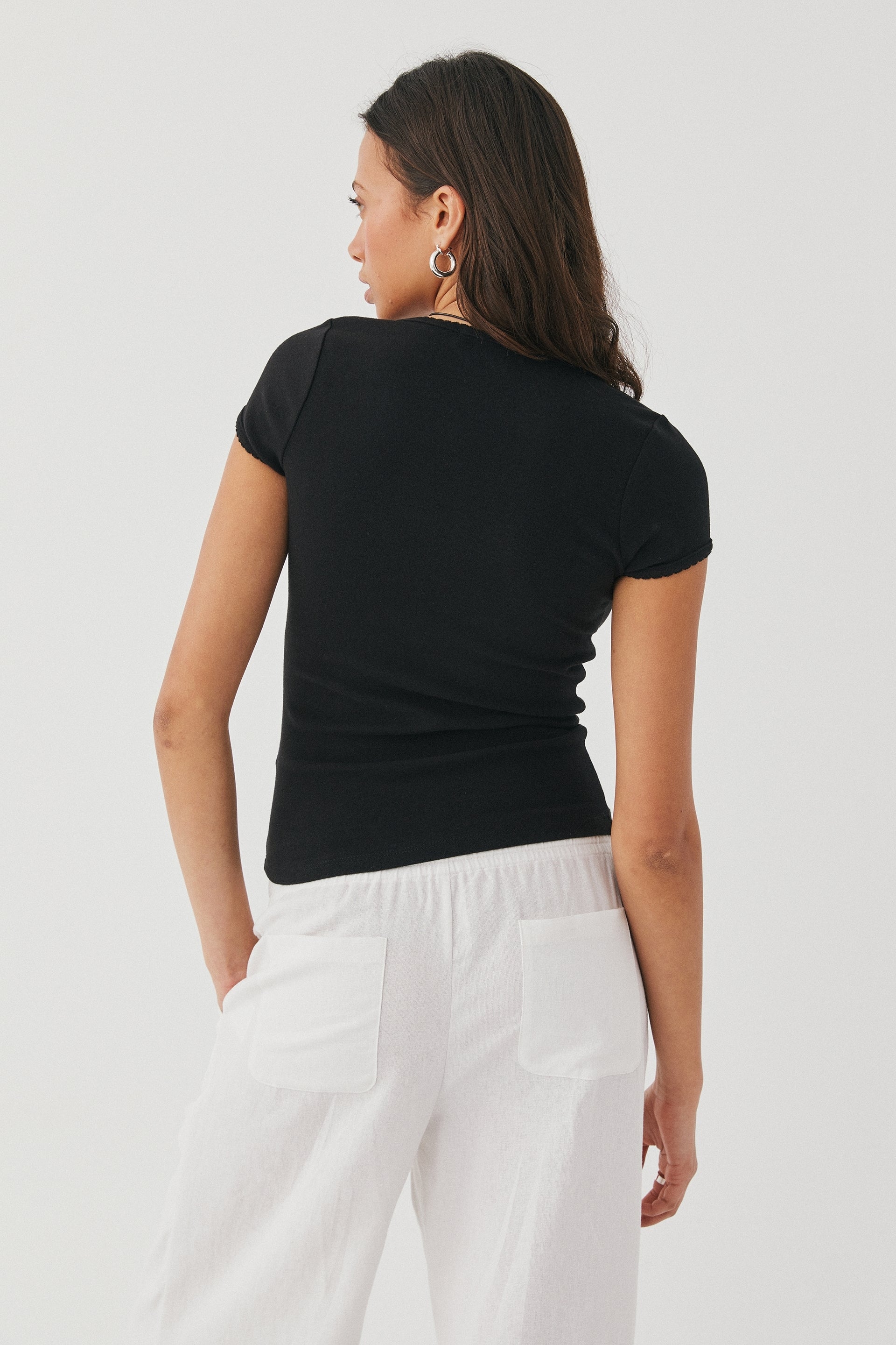 SOLID COLOR U-NECK SPLICING SUMMER KNITTED SHORT SLEEVE T-SHIRT