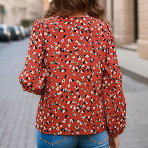 Allover Print V Neck Lantern Sleeve Blouse