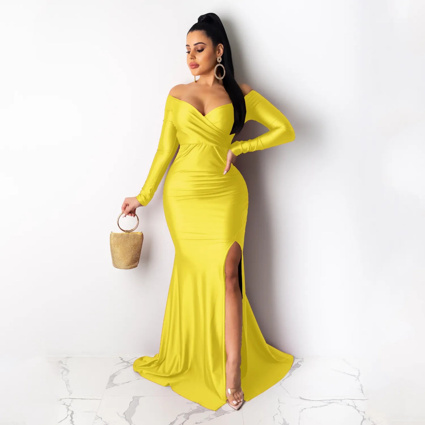 Solid Color Off Shoulder V Neck Split Evening Party Dresses