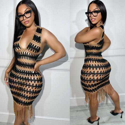 Sexy Sleeveless Knit Crochet Tassel Beach Dress