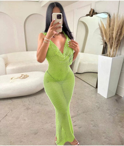 Sexy Mesh Halter Backless Cross-border Hollow Long Dresses