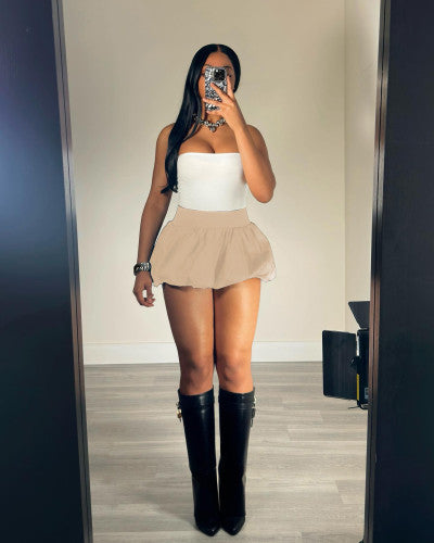 Solid Color Elastic Bubble Mini Pleated Skirt